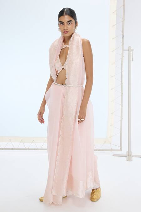 Ekaya Banaras_Peach Organza Pearls Handwoven Silk Saree Set _Online_at_Aza_Fashions