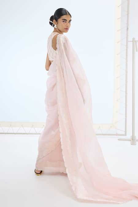 Ekaya Banaras Peach Handwoven Silk Organza Saree Set 