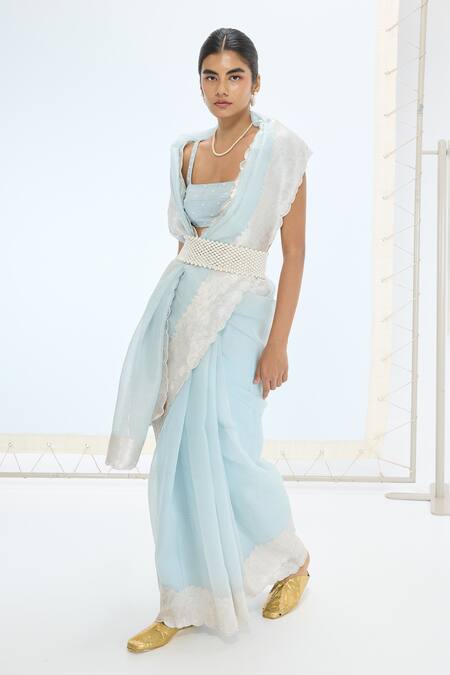 Ekaya Banaras Aqua Organza, Silk Pearls Handwoven Striped Saree Set Online at Aza Fashions Ekaya Banaras_Aqua Organza, Silk Pearls Handwoven Striped Saree Set _Online_at_Aza_Fashions