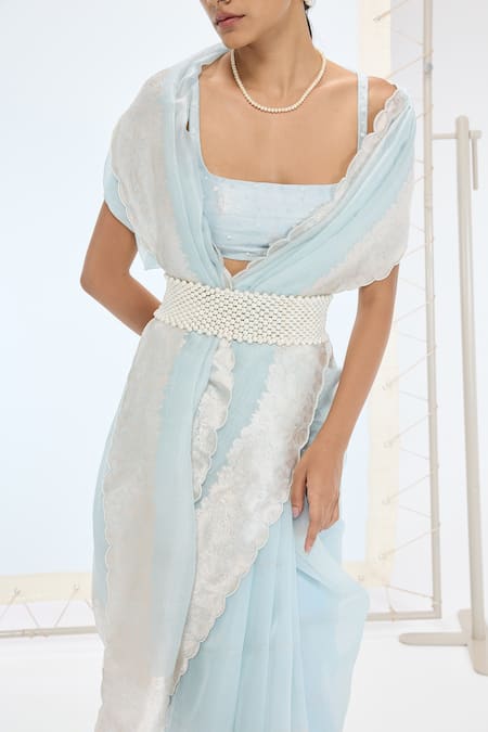 Buy Ekaya Banaras Aqua Organza, Silk Pearls Handwoven Striped Saree Set Online at Aza Fashions Buy_Ekaya Banaras_Aqua Organza, Silk Pearls Handwoven Striped Saree Set _Online_at_Aza_Fashions