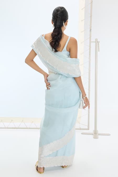Shop Ekaya Banaras Aqua Organza, Silk Pearls Handwoven Striped Saree Set at Aza Fashions Shop_Ekaya Banaras_Aqua Organza, Silk Pearls Handwoven Striped Saree Set _at_Aza_Fashions