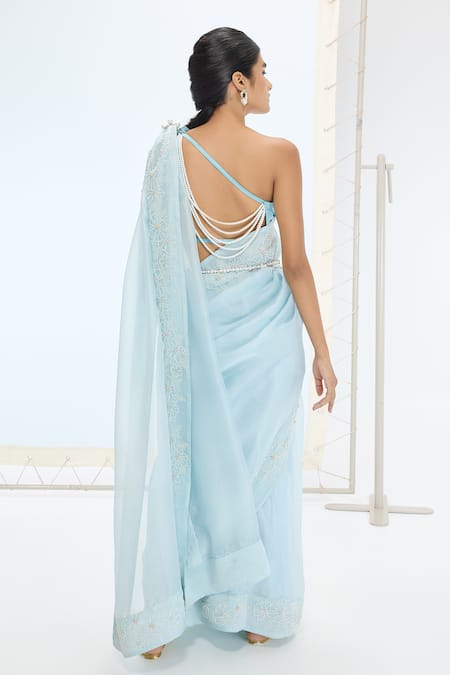Shop Ekaya Banaras Blue Organza, Silk Pearls The Luna Saree In at Aza Fashions Shop_Ekaya Banaras_Blue Organza, Silk Pearls The Luna Saree In _at_Aza_Fashions
