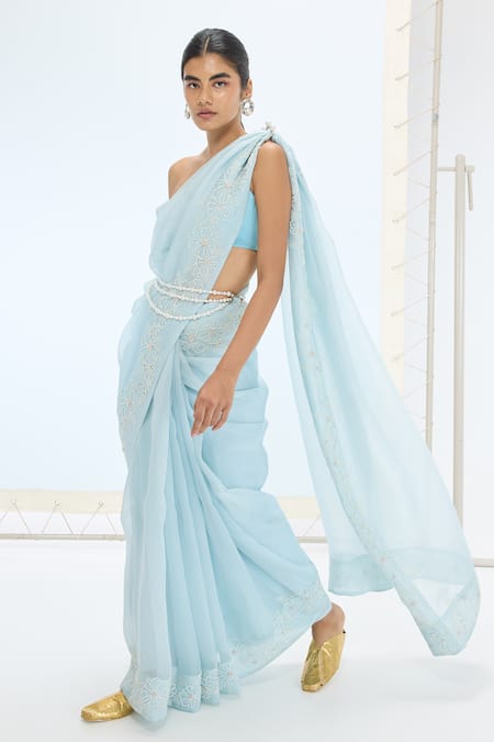 Buy Ekaya Banaras Blue Organza, Silk Pearls The Luna Saree In Online at Aza Fashions Buy_Ekaya Banaras_Blue Organza, Silk Pearls The Luna Saree In _Online_at_Aza_Fashions