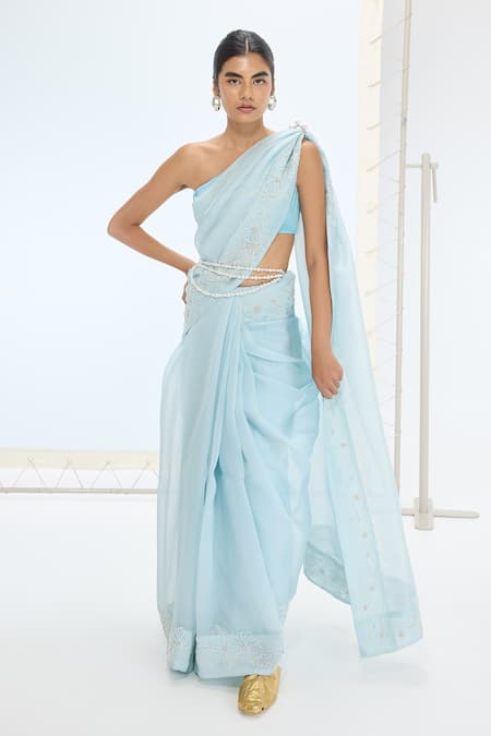 Ekaya Banaras Blue Organza, Silk Pearls The Luna Saree In 