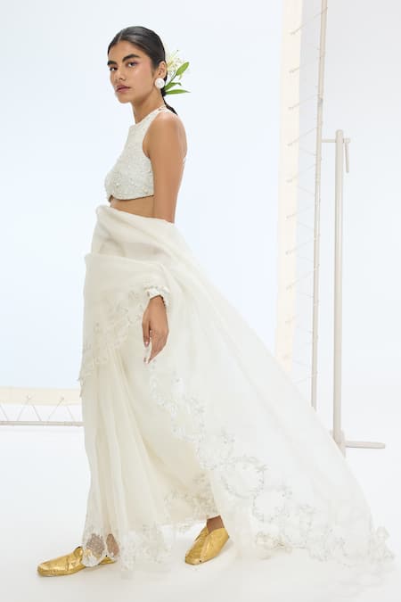 Ekaya Banaras_Off White Organza, Silk Pearls Designer Saree And Blouse Set _Online_at_Aza_Fashions