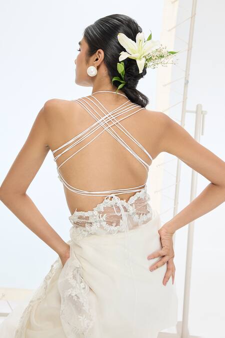 Buy_Ekaya Banaras_Off White Organza, Silk Pearls Designer Saree And Blouse Set _Online_at_Aza_Fashions