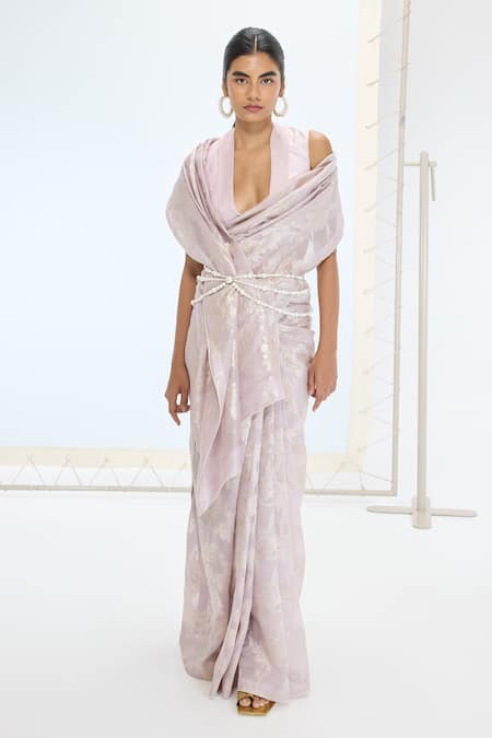Ekaya Banaras_Purple Organza, Silk Pearls The Diana Saree Set _Online_at_Aza_Fashions