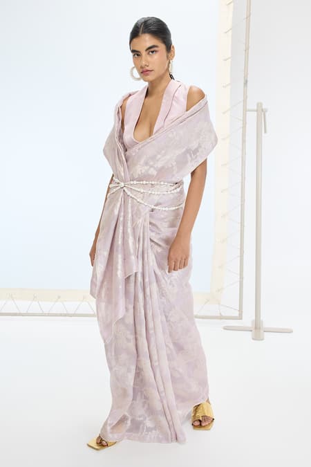 Ekaya Banaras Purple Organza, Silk Pearls The Diana Saree Set 