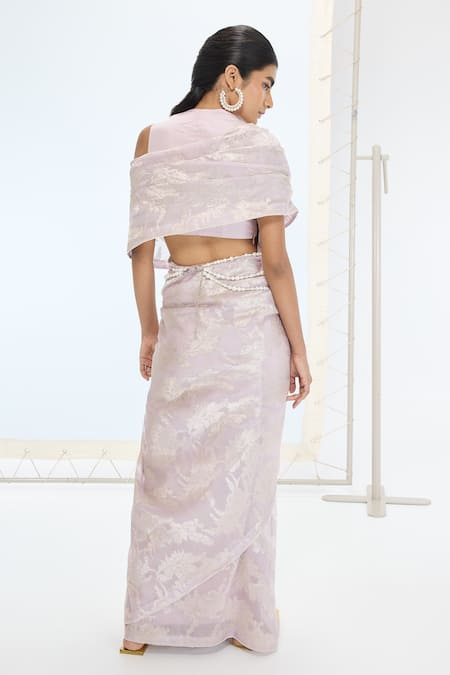 Shop_Ekaya Banaras_Purple Organza, Silk Pearls The Diana Saree Set _at_Aza_Fashions