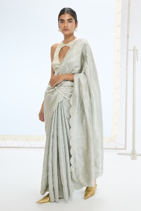 Ekaya Banaras Green Organza Pearls The Diana Saree Set Online at Aza Fashions Ekaya Banaras_Green Organza Pearls The Diana Saree Set _Online_at_Aza_Fashions