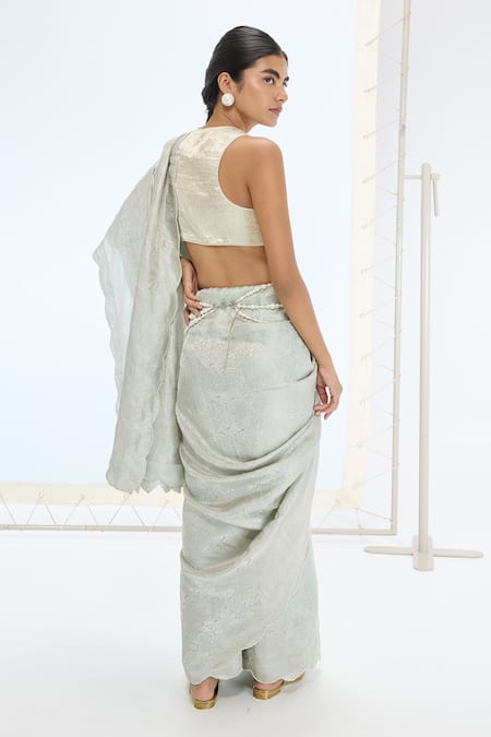 Shop Ekaya Banaras Green Organza Pearls The Diana Saree Set at Aza Fashions Shop_Ekaya Banaras_Green Organza Pearls The Diana Saree Set _at_Aza_Fashions