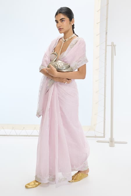 Ekaya Banaras_Mauve Organza Pearls Handwoven Silk Saree Set _Online_at_Aza_Fashions