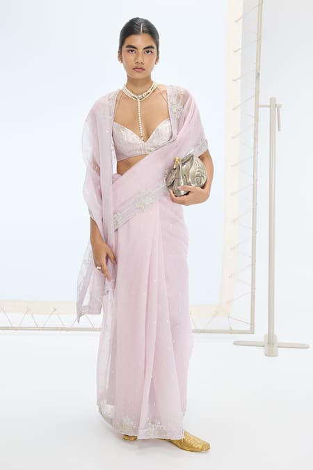 Ekaya Banaras Mauve Organza Pearls Handwoven Silk Saree Set 