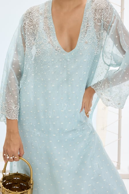 Buy_Ekaya Banaras_Aqua Organza, Silk Pearls V-neck Lily Kurta Set In Green _Online_at_Aza_Fashions