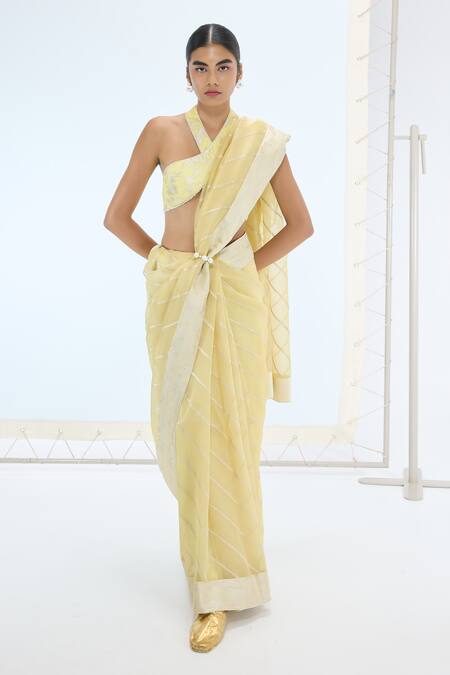 Ekaya Banaras Yellow Organza, Silk Pearls Handwoven Striped Saree Online at Aza Fashions Ekaya Banaras_Yellow Organza, Silk Pearls Handwoven Striped Saree _Online_at_Aza_Fashions