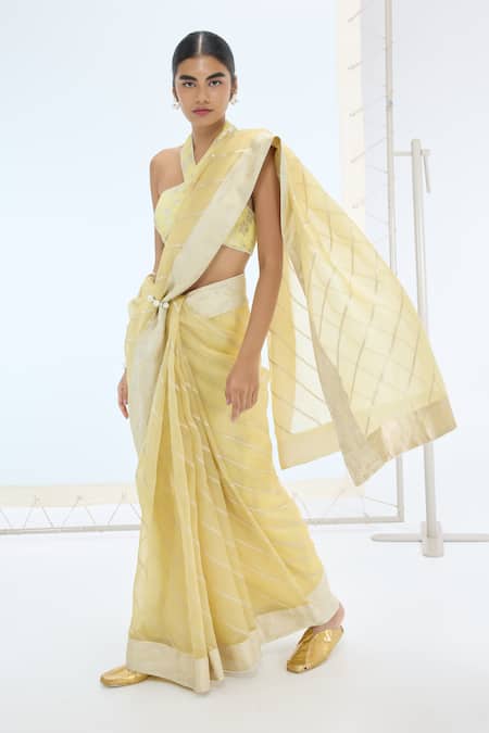 Ekaya Banaras Yellow Organza, Silk Pearls Handwoven Striped Saree 
