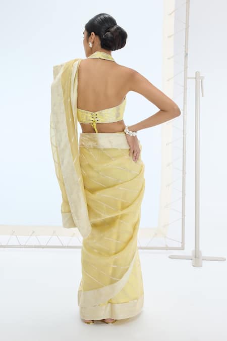 Shop Ekaya Banaras Yellow Organza, Silk Pearls Handwoven Striped Saree at Aza Fashions Shop_Ekaya Banaras_Yellow Organza, Silk Pearls Handwoven Striped Saree _at_Aza_Fashions