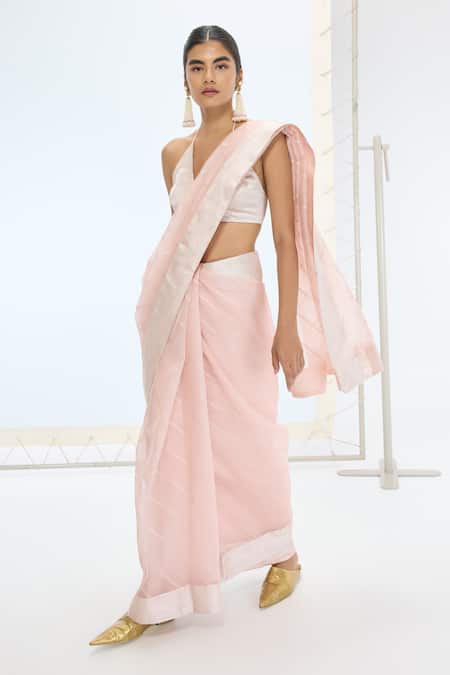 Ekaya Banaras Peach Organza, Silk Pearls Handwoven Striped Saree Online at Aza Fashions Ekaya Banaras_Peach Organza, Silk Pearls Handwoven Striped Saree _Online_at_Aza_Fashions