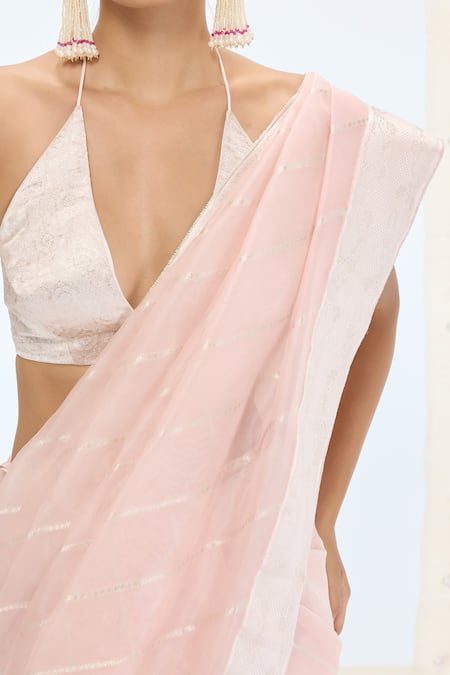 Buy Ekaya Banaras Peach Organza, Silk Pearls Handwoven Striped Saree Online at Aza Fashions Buy_Ekaya Banaras_Peach Organza, Silk Pearls Handwoven Striped Saree _Online_at_Aza_Fashions