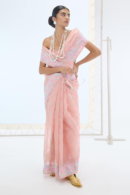 Ekaya Banaras Peach Organza, Silk Embroidery The Lexi Saree In