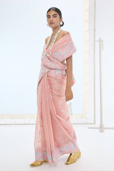 Ekaya Banaras_Peach Organza, Silk Embroidery The Lexi Saree In _Online_at_Aza_Fashions
