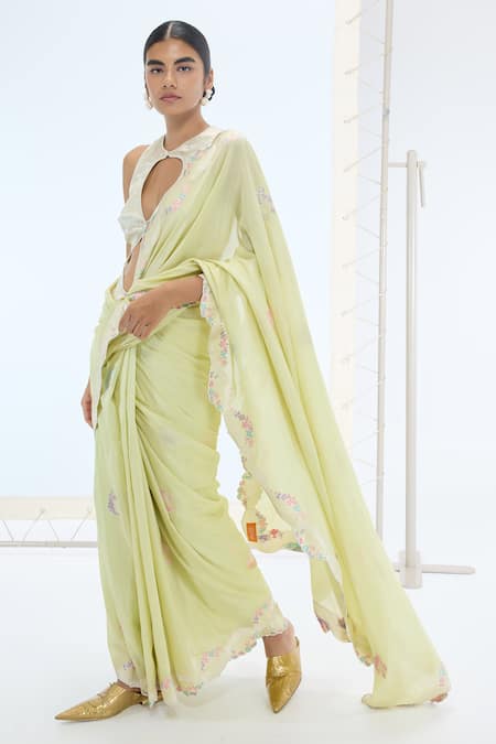 Shop Ekaya Banaras Green Silk Embroidery Halter Neck Pistachio Handwoven Saree Set at Aza Fashions Shop_Ekaya Banaras_Green Silk Embroidery Halter Neck Pistachio Handwoven Saree Set _at_Aza_Fashions