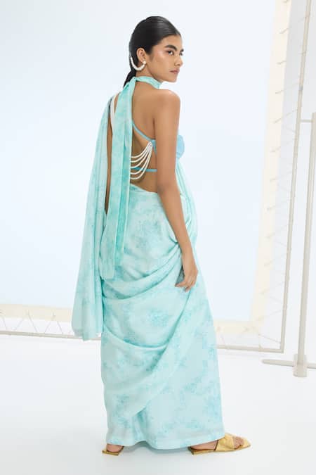 Shop Ekaya Banaras Blue Silk Pearls Turquoise Handwoven Saree Set at Aza Fashions Shop_Ekaya Banaras_Blue Silk Pearls Turquoise Handwoven Saree Set _at_Aza_Fashions