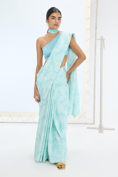Ekaya Banaras Blue Silk Pearls Turquoise Handwoven Saree Set 