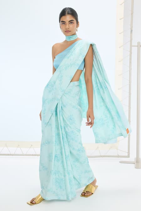 Ekaya Banaras Blue Silk Pearls Turquoise Handwoven Saree Set Online at Aza Fashions Ekaya Banaras_Blue Silk Pearls Turquoise Handwoven Saree Set _Online_at_Aza_Fashions