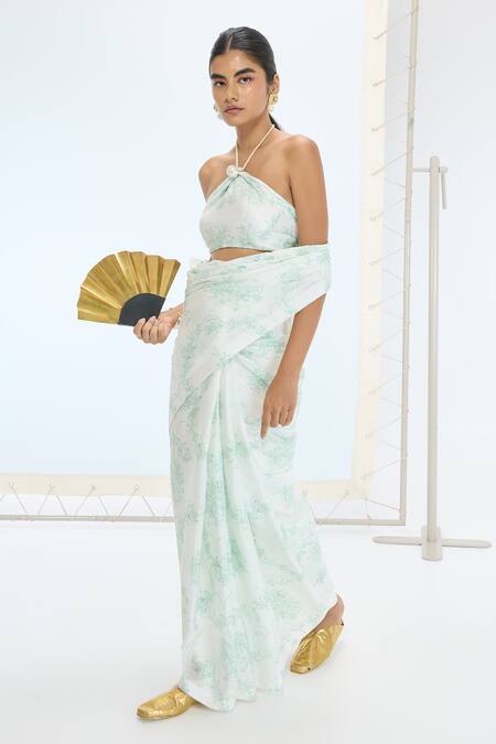 Ekaya Banaras_Green Silk Pearls Handwoven Designer Saree Set _Online_at_Aza_Fashions