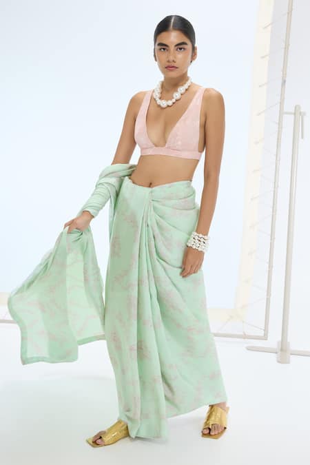 Ekaya Banaras Peach Silk Pearls Handwoven Designer Saree Set Online at Aza Fashions Ekaya Banaras_Peach Silk Pearls Handwoven Designer Saree Set _Online_at_Aza_Fashions