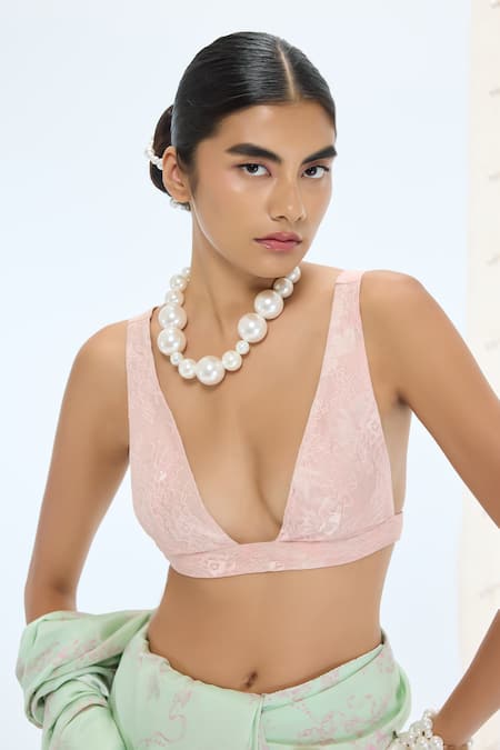 Shop Ekaya Banaras Peach Silk Pearls Handwoven Designer Saree Set Online at Aza Fashions Shop_Ekaya Banaras_Peach Silk Pearls Handwoven Designer Saree Set _Online_at_Aza_Fashions