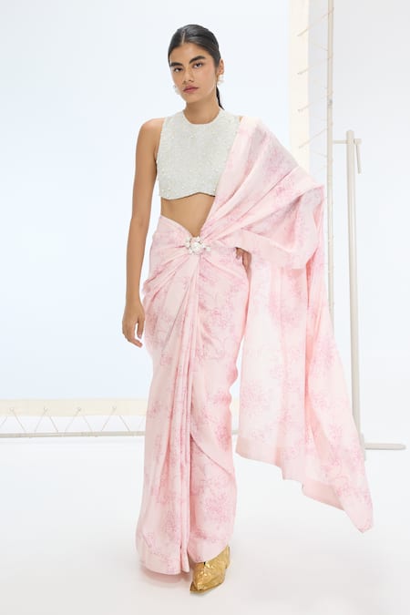 Ekaya Banaras Silver Silk Pearls Designer Handwoven Pink Saree Set 