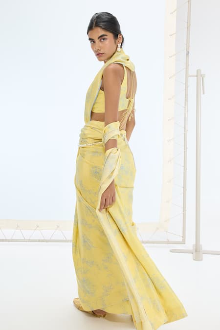 Shop Ekaya Banaras Yellow Silk Pearls Designer Handwoven Saree at Aza Fashions Shop_Ekaya Banaras_Yellow Silk Pearls Designer Handwoven Saree _at_Aza_Fashions