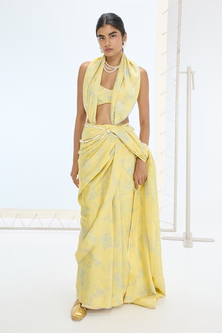 Ekaya Banaras Yellow Silk Pearls Designer Handwoven Saree 