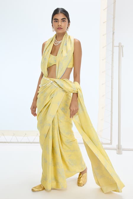 Ekaya Banaras Yellow Silk Pearls Designer Handwoven Saree Online at Aza Fashions Ekaya Banaras_Yellow Silk Pearls Designer Handwoven Saree _Online_at_Aza_Fashions
