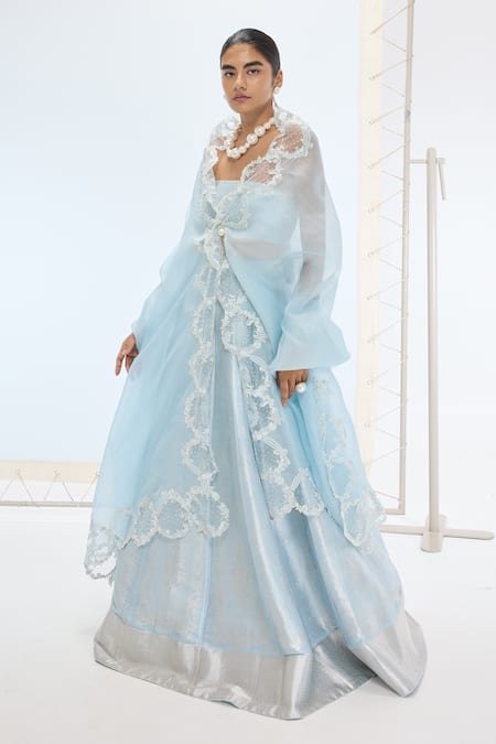 Ekaya Banaras Blue Silk Pearls Aqua Green Handwoven Lehenga Set Online at Aza Fashions Ekaya Banaras_Blue Silk Pearls Aqua Green Handwoven Lehenga Set _Online_at_Aza_Fashions