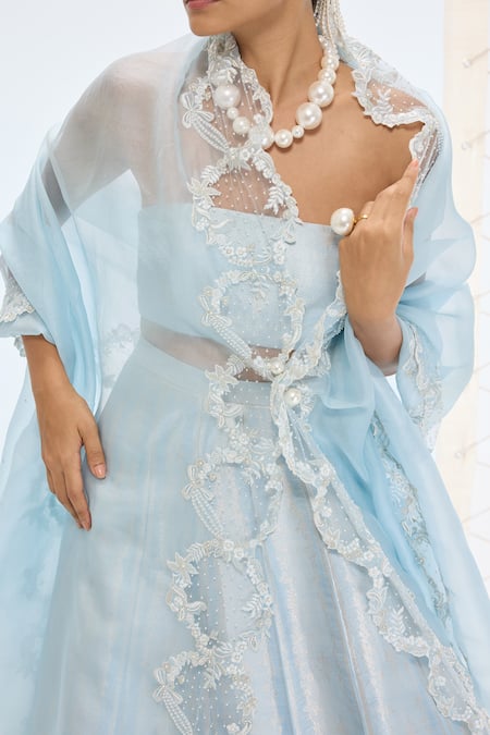 Buy Ekaya Banaras Blue Silk Pearls Aqua Green Handwoven Lehenga Set Online at Aza Fashions Buy_Ekaya Banaras_Blue Silk Pearls Aqua Green Handwoven Lehenga Set _Online_at_Aza_Fashions