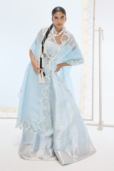 Ekaya Banaras Blue Silk Pearls Aqua Green Handwoven Lehenga Set 