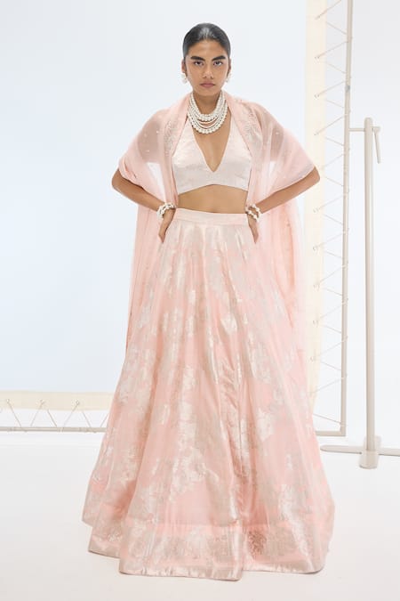 Ekaya Banaras Peach Silk Pearls Handwoven Lehenga Set 