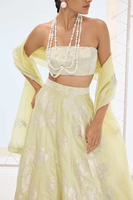 Ekaya Banaras Green Silk Pearls Pista Handwoven Lehenga Set Online at Aza Fashions Ekaya Banaras_Green Silk Pearls Pista Handwoven Lehenga Set _Online_at_Aza_Fashions