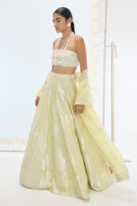 Buy Ekaya Banaras Green Silk Pearls Pista Handwoven Lehenga Set Online at Aza Fashions Buy_Ekaya Banaras_Green Silk Pearls Pista Handwoven Lehenga Set _Online_at_Aza_Fashions