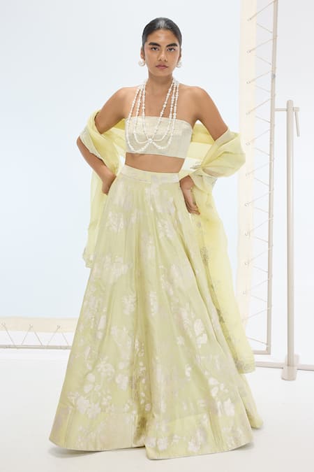 Ekaya Banaras Green Silk Pearls Pista Handwoven Lehenga Set 
