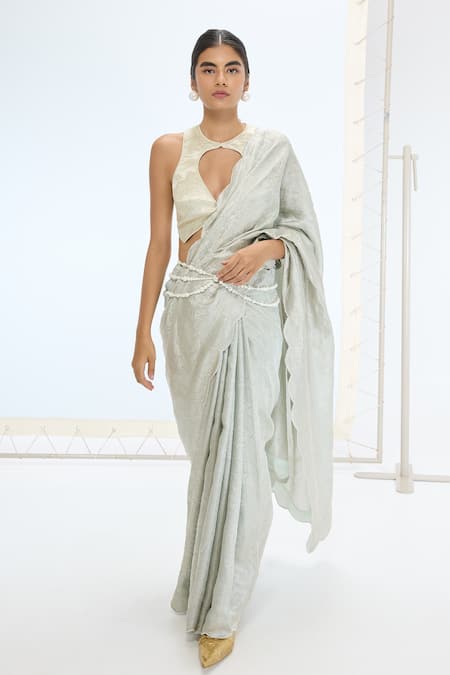 Ekaya Banaras Green Tissue, Silk Pearls Aqua Handwoven Saree Set 