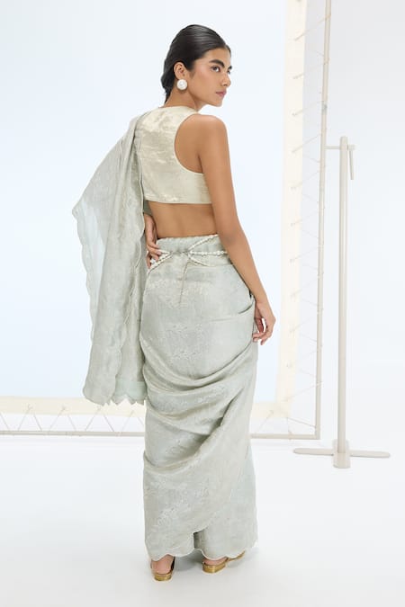 Shop Ekaya Banaras Green Tissue, Silk Pearls Aqua Handwoven Saree Set at Aza Fashions Shop_Ekaya Banaras_Green Tissue, Silk Pearls Aqua Handwoven Saree Set _at_Aza_Fashions