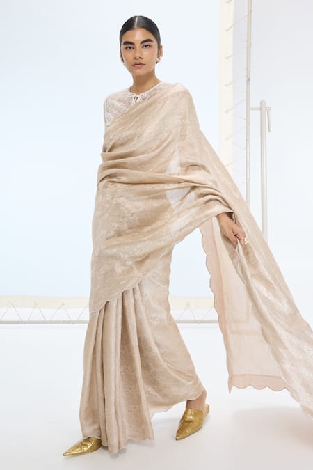 Ekaya Banaras_Peach Tissue, Silk Pearls Handwoven Saree Set _Online_at_Aza_Fashions