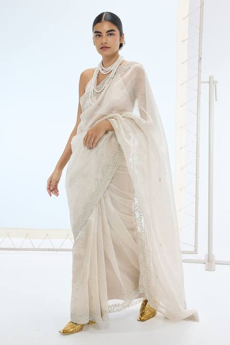 Ekaya Banaras_Gray Tissue, Silk Pearls Handwoven Crushed Saree Set _Online_at_Aza_Fashions