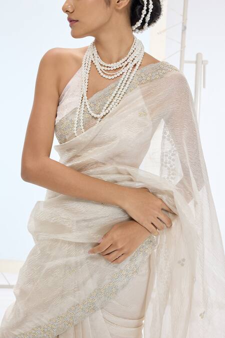 Buy_Ekaya Banaras_Gray Tissue, Silk Pearls Handwoven Crushed Saree Set _Online_at_Aza_Fashions