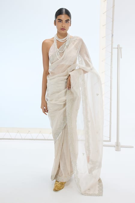 Ekaya Banaras Gray Tissue, Silk Pearls Handwoven Crushed Saree Set 