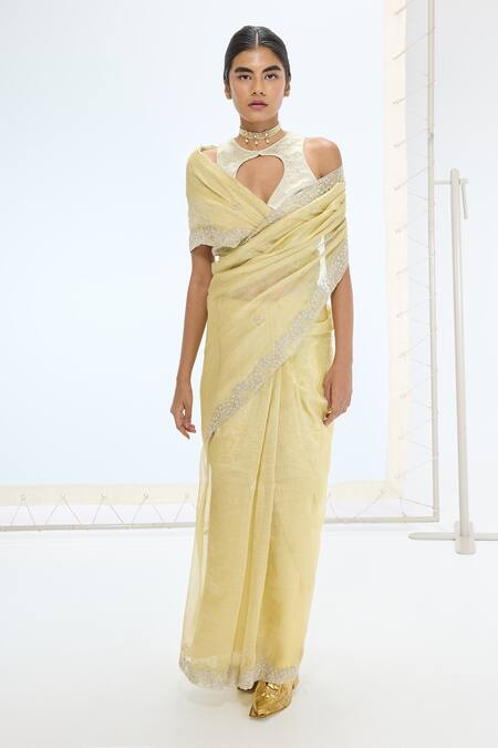 Ekaya Banaras Off White Tissue Pearls Handwoven Crushed Silk Saree Set Online at Aza Fashions Ekaya Banaras_Off White Tissue Pearls Handwoven Crushed Silk Saree Set _Online_at_Aza_Fashions